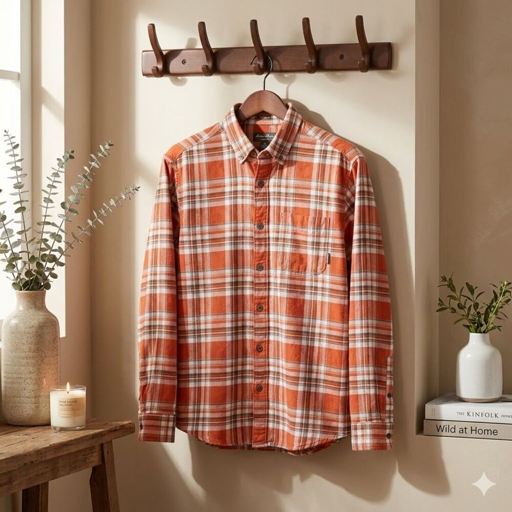 Eddie Bauer Flannel Shirt Mens M Orange Plaid Cotton Classic Fit Pocket